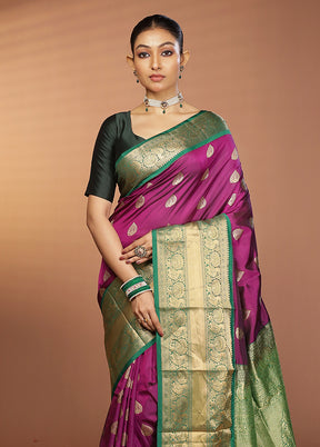 Purple Handloom Kanjivaram Pure Silk Saree With Blouse Piece