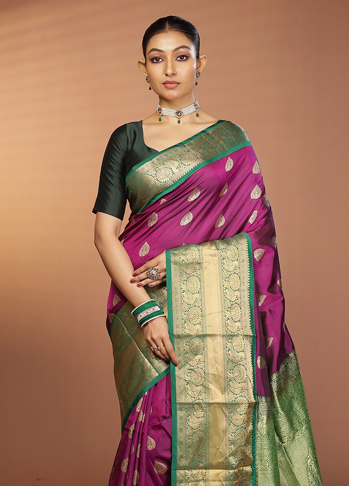 Purple Handloom Kanjivaram Pure Silk Saree With Blouse Piece