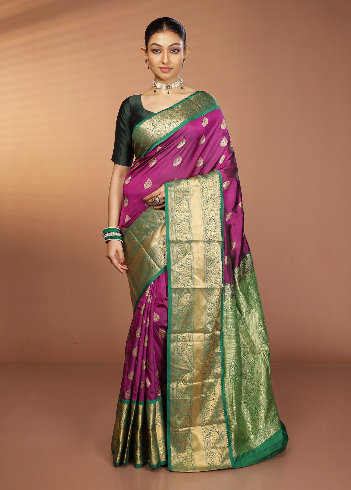 Purple Handloom Kanjivaram Pure Silk Saree With Blouse Piece
