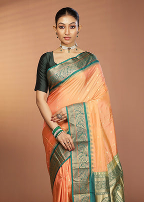 Peach Handloom Kanjivaram Pure Silk Saree With Blouse Piece