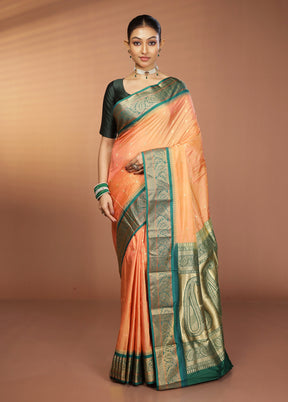 Peach Handloom Kanjivaram Pure Silk Saree With Blouse Piece