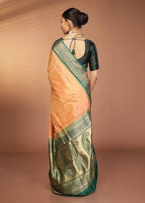Peach Handloom Kanjivaram Pure Silk Saree With Blouse Piece