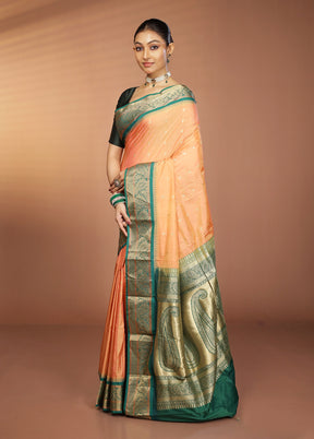 Peach Handloom Kanjivaram Pure Silk Saree With Blouse Piece