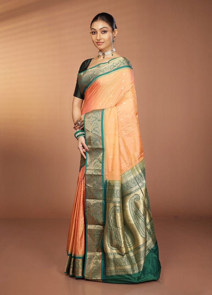 Peach Handloom Kanjivaram Pure Silk Saree With Blouse Piece