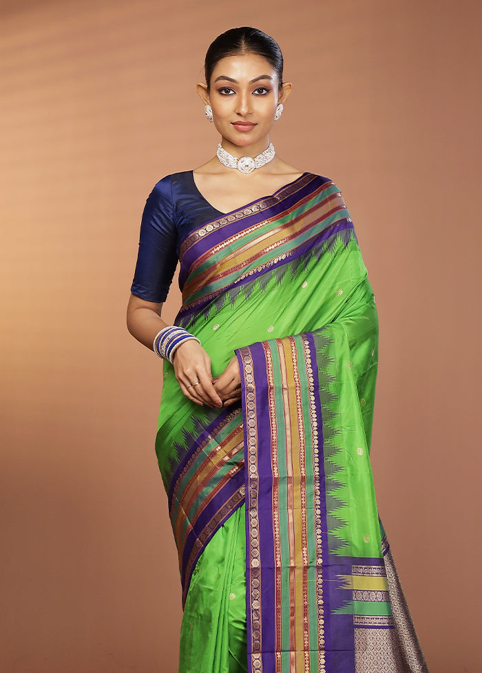 Green Handloom Kanjivaram Pure Silk Saree With Blouse Piece