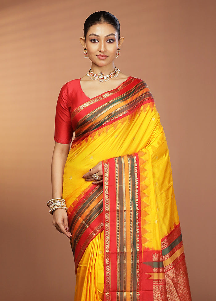 Yellow Handloom Kanjivaram Pure Silk Saree With Blouse Piece