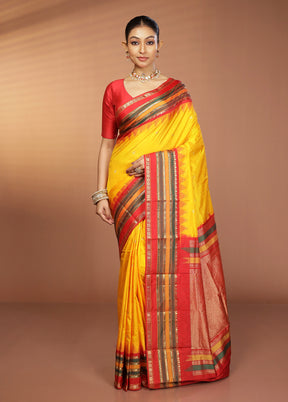 Yellow Handloom Kanjivaram Pure Silk Saree With Blouse Piece