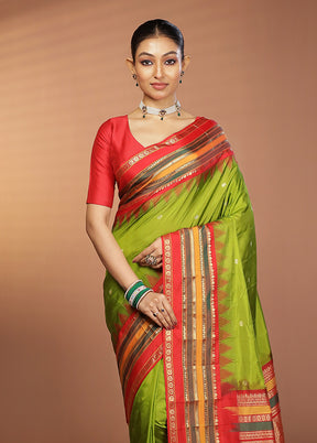 Green Handloom Kanjivaram Pure Silk Saree With Blouse Piece