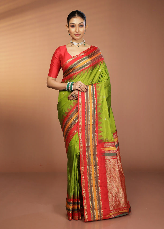 Green Handloom Kanjivaram Pure Silk Saree With Blouse Piece