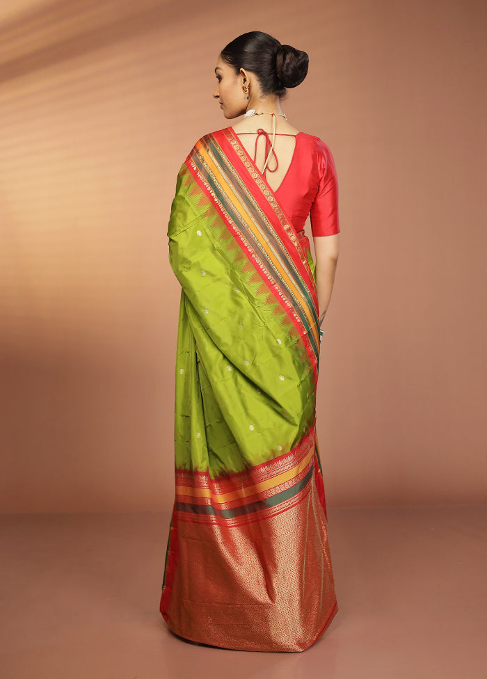 Green Handloom Kanjivaram Pure Silk Saree With Blouse Piece