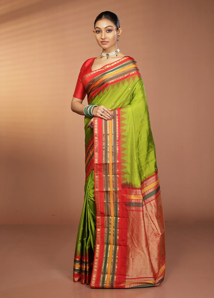 Green Handloom Kanjivaram Pure Silk Saree With Blouse Piece