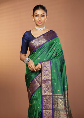 Green Handloom Kanjivaram Pure Silk Saree With Blouse Piece