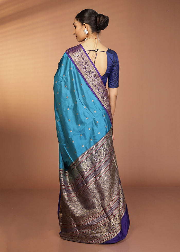 Blue Handloom Kanjivaram Pure Silk Saree With Blouse Piece