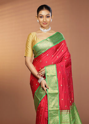 Pink Handloom Kanjivaram Pure Silk Saree With Blouse Piece
