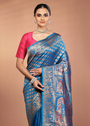 Blue Baluchari Silk Saree With Blouse Piece