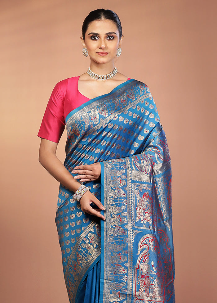 Blue Baluchari Silk Saree With Blouse Piece