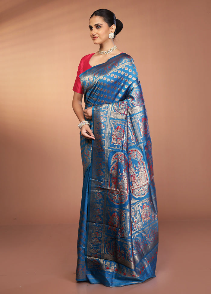 Blue Baluchari Silk Saree With Blouse Piece
