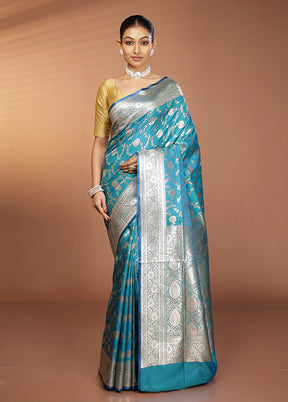 Blue Banarasi Silk Saree With Blouse Piece