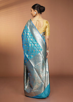 Blue Banarasi Silk Saree With Blouse Piece
