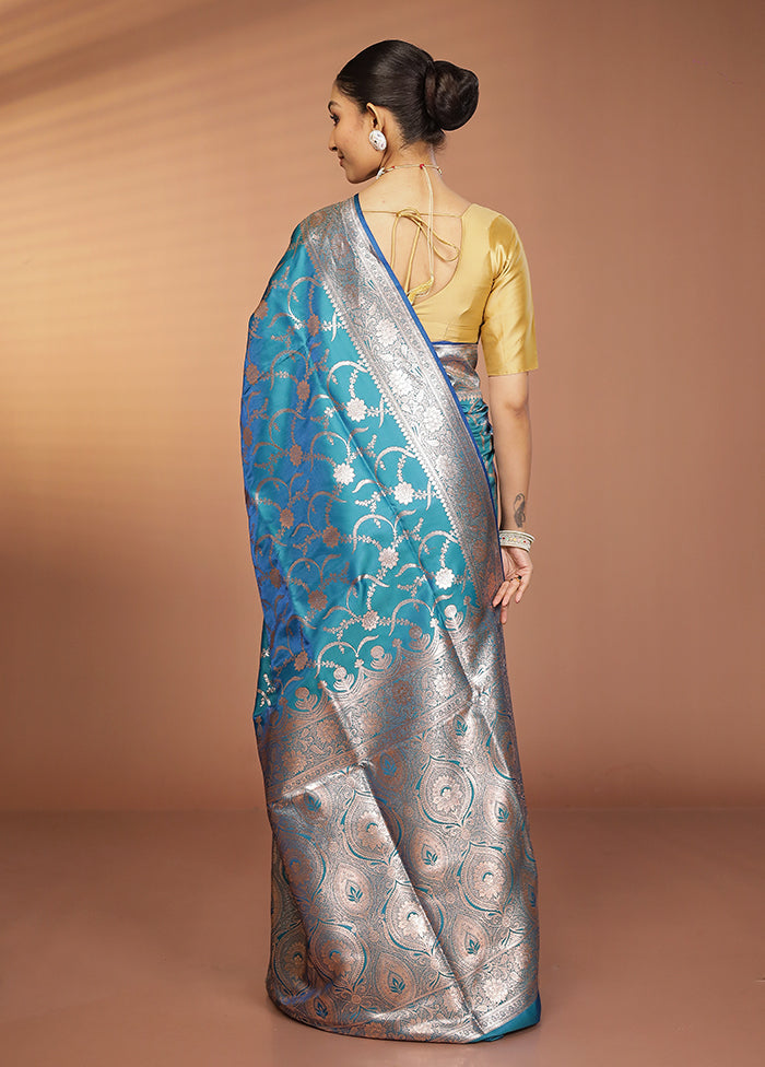 Blue Banarasi Silk Saree With Blouse Piece