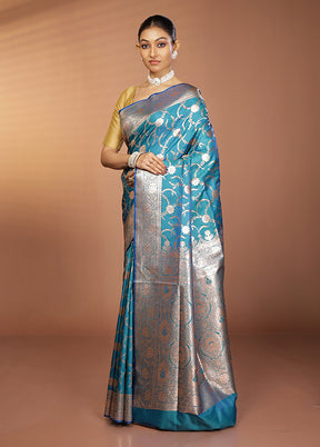 Blue Banarasi Silk Saree With Blouse Piece