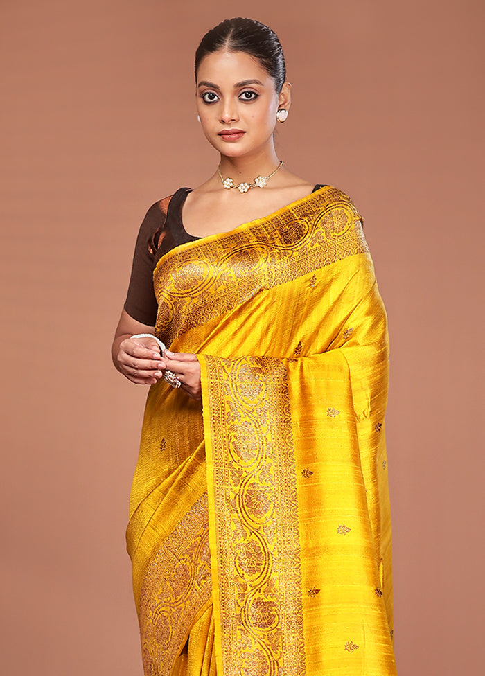 Yellow Tussar Pure Silk Saree With Blouse Piece