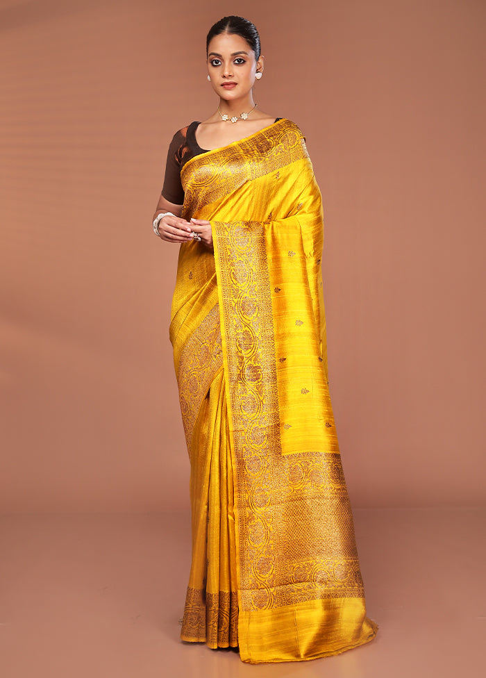 Yellow Tussar Pure Silk Saree With Blouse Piece