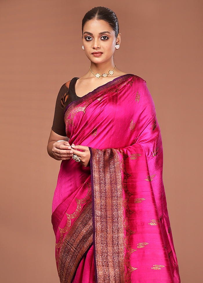 Pink Tussar Pure Silk Saree With Blouse Piece