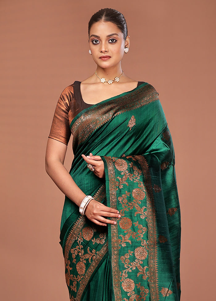 Green Tussar Pure Silk Saree With Blouse Piece