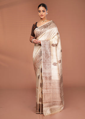 Cream Tussar Pure Silk Saree With Blouse Piece