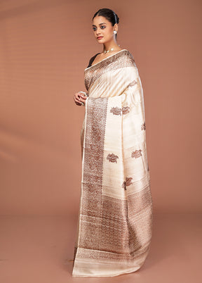 Cream Tussar Pure Silk Saree With Blouse Piece