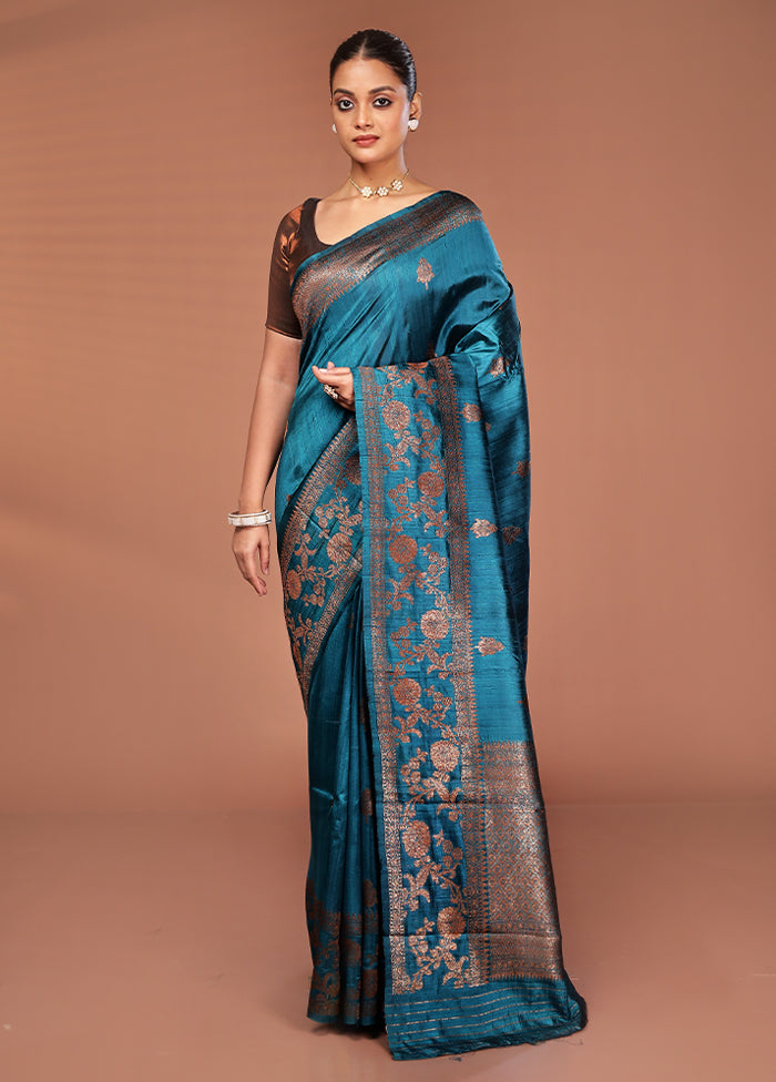 Green Tussar Pure Silk Saree With Blouse Piece