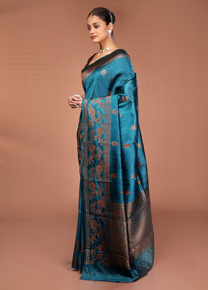 Green Tussar Pure Silk Saree With Blouse Piece