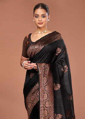 Black Tussar Pure Silk Saree With Blouse Piece