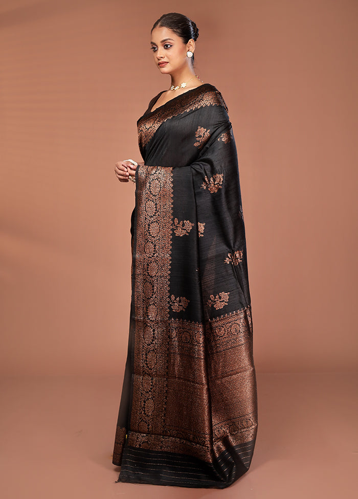 Black Tussar Pure Silk Saree With Blouse Piece