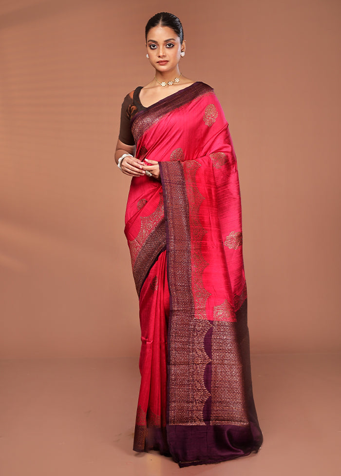 Red Tussar Pure Silk Saree With Blouse Piece