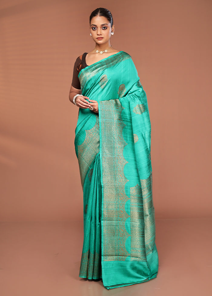 Green Tussar Pure Silk Saree With Blouse Piece