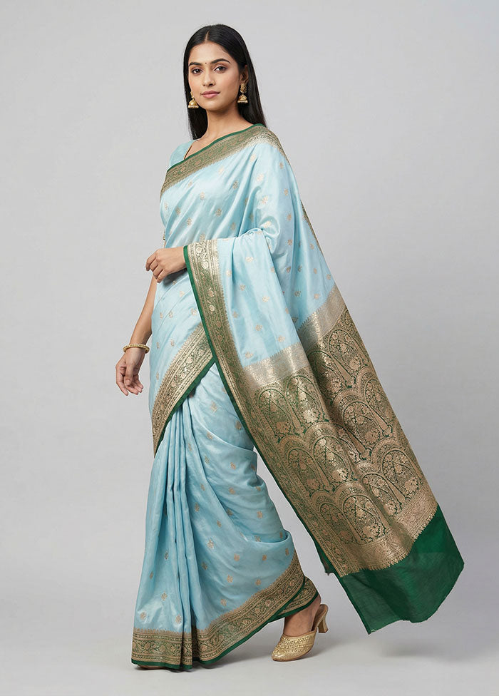 Blue Banarasi Silk Saree With Blouse Piece