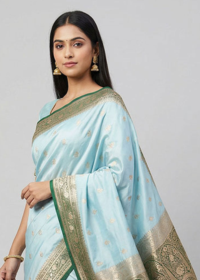 Blue Banarasi Silk Saree With Blouse Piece
