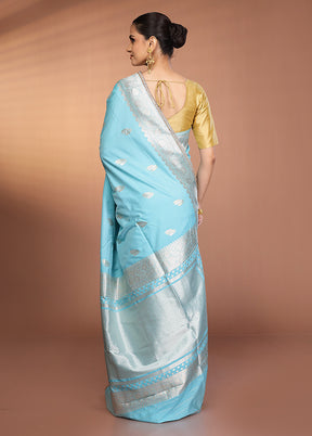 Blue Katan Silk Saree With Blouse Piece