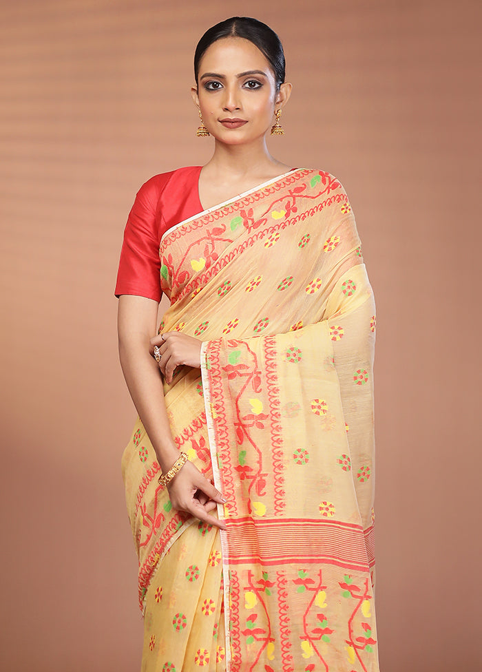 Cream Tant Jamdani Saree Without Blouse Piece