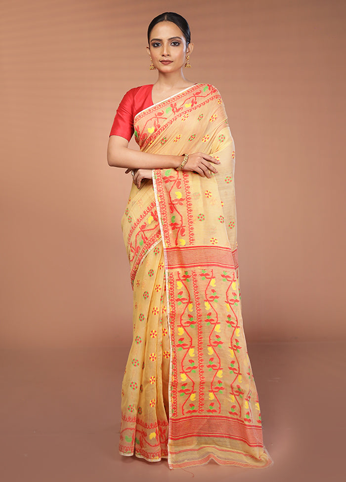 Cream Tant Jamdani Saree Without Blouse Piece
