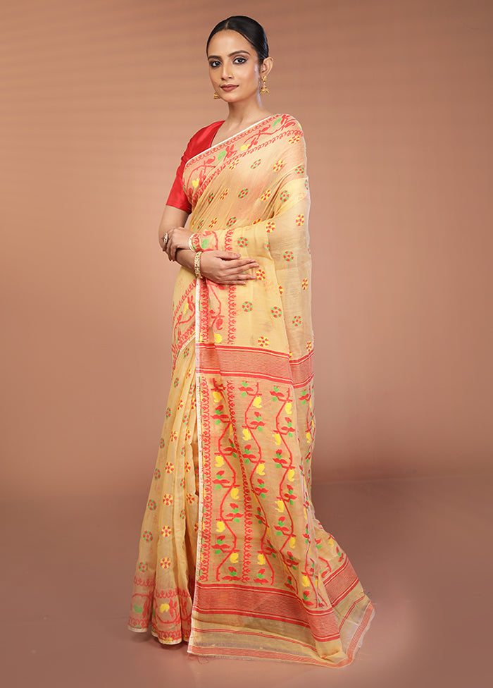 Cream Tant Jamdani Saree Without Blouse Piece