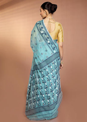 Blue Tant Jamdani Saree Without Blouse Piece