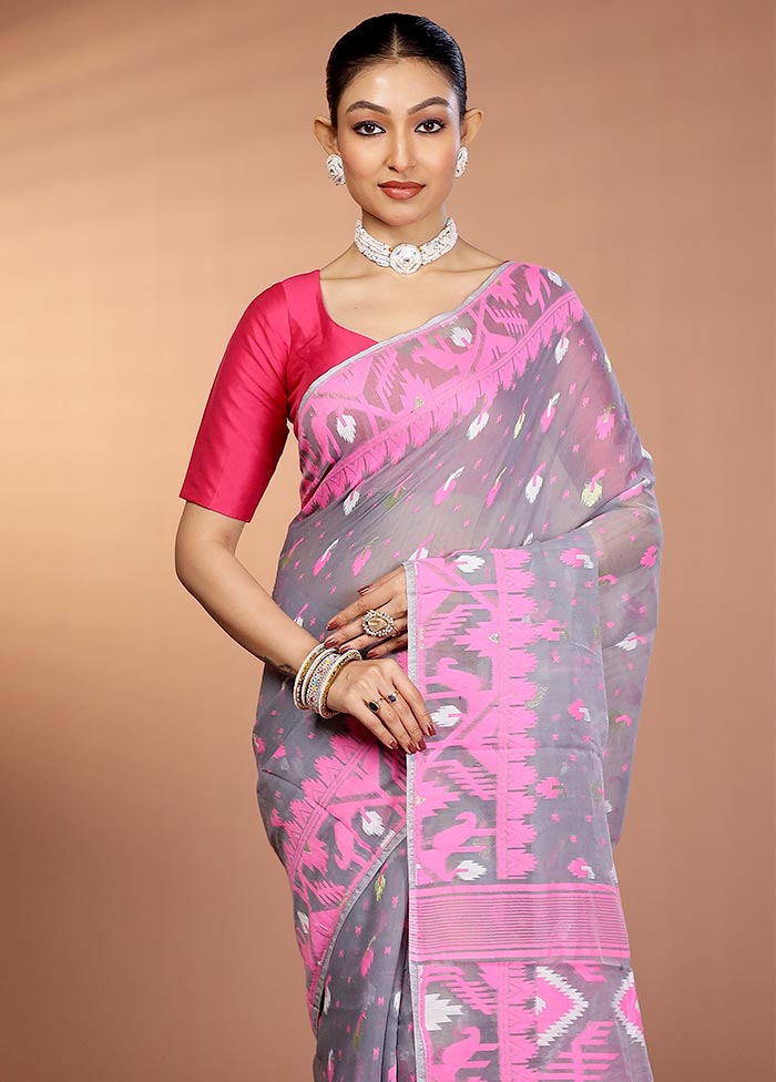 Grey Tant Jamdani Saree Without Blouse Piece