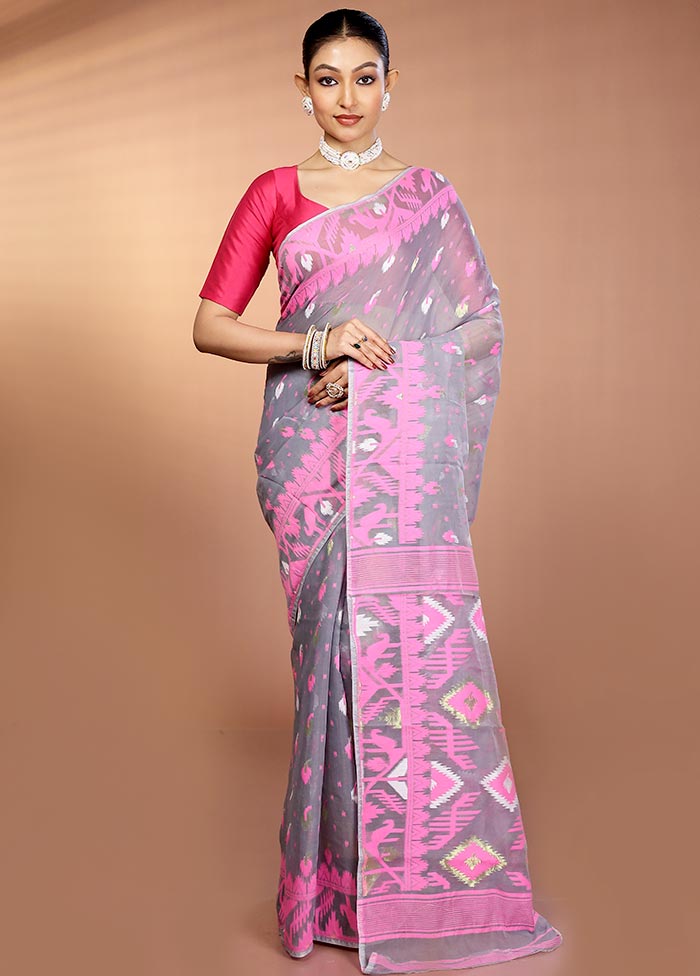 Grey Tant Jamdani Saree Without Blouse Piece