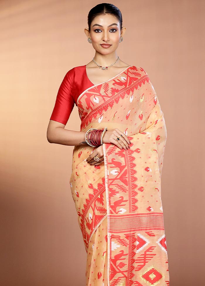 Peach Tant Jamdani Saree Without Blouse Piece
