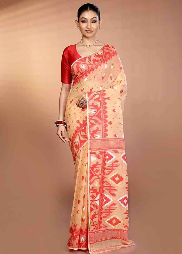 Peach Tant Jamdani Saree Without Blouse Piece