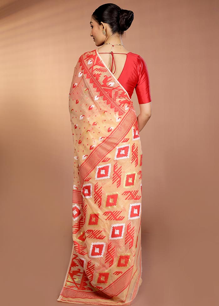 Peach Tant Jamdani Saree Without Blouse Piece