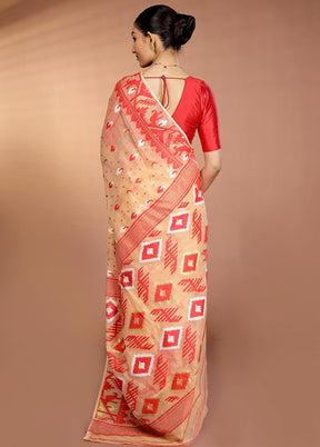 Peach Tant Jamdani Saree Without Blouse Piece